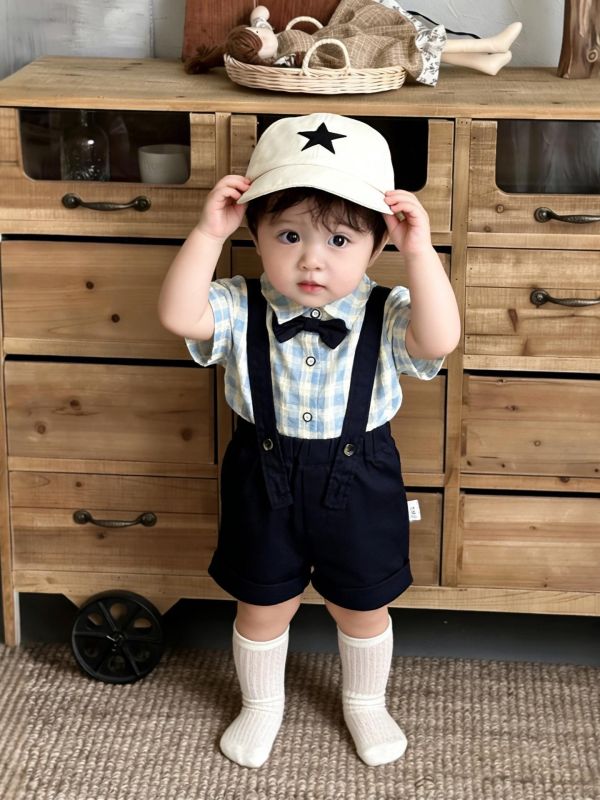 紳士領結條紋/格紋襯衫+吊帶短褲套裝 