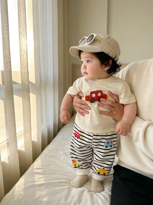 立體大象/汽車上衣+條紋長褲套裝 