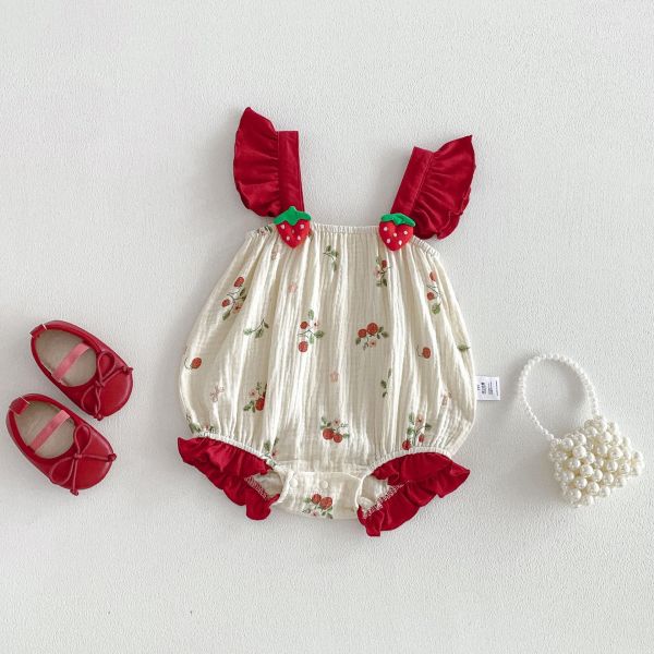 可愛草莓抓皺棉背帶包屁衣 