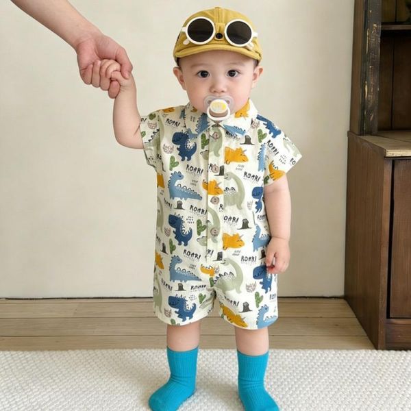 滿印恐龍翻領開釦連身裝 