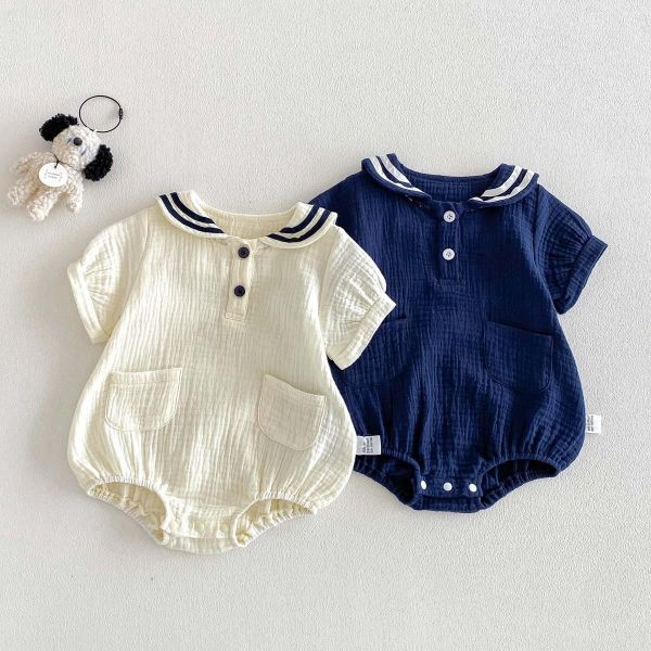 海軍風翻領棉麻雙扣包屁衣 