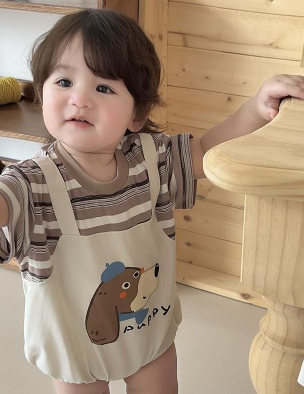 假兩件狗狗條紋吊帶包屁衣 