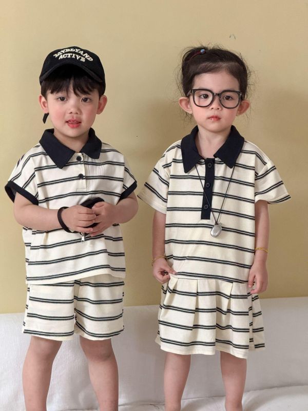 男女童經典條紋翻領套裝/洋裝 
