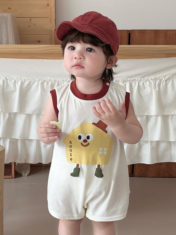 可愛餅乾印花拼色無袖背心連身裝 