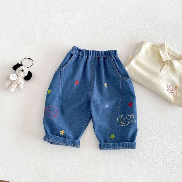 星星狗狗刺繡牛仔長褲 