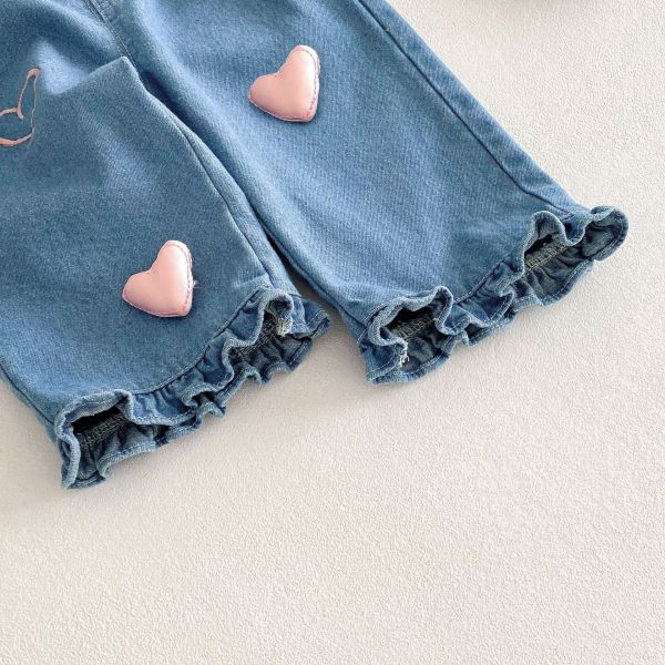 立體愛心刺繡荷葉邊牛仔長褲 