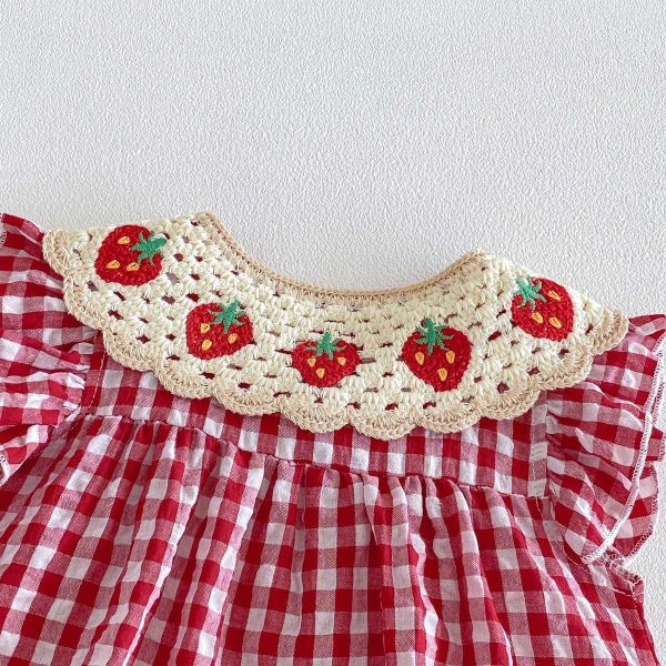 草莓刺繡翻領格紋連身裝 