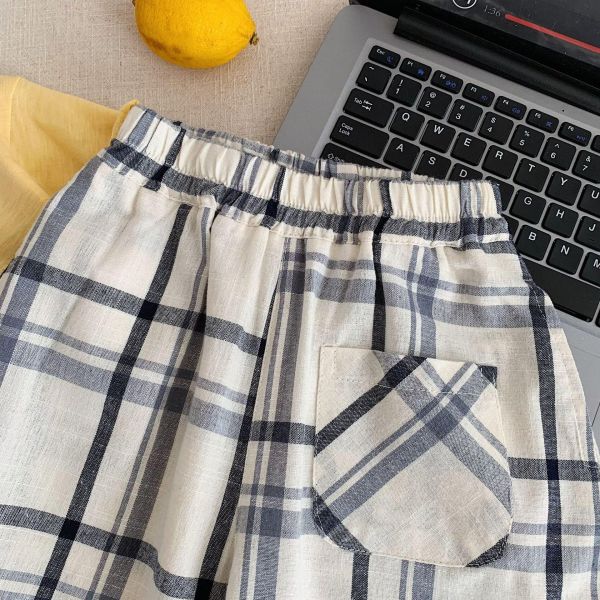 百搭復古格紋九分棉質長褲 