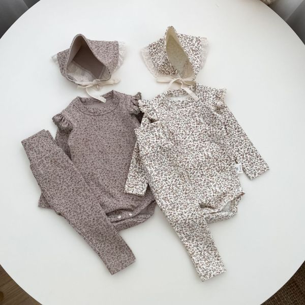 滿印碎花飛袖包屁衣+長褲+帽三件套裝 