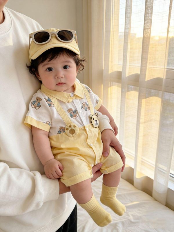 假兩件翻領小熊吊帶連身裝 