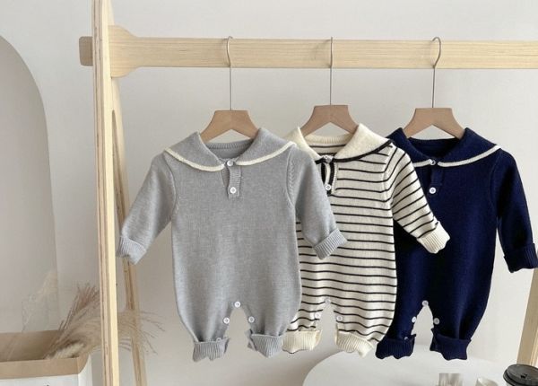 海軍風條紋/素色針織連身裝 