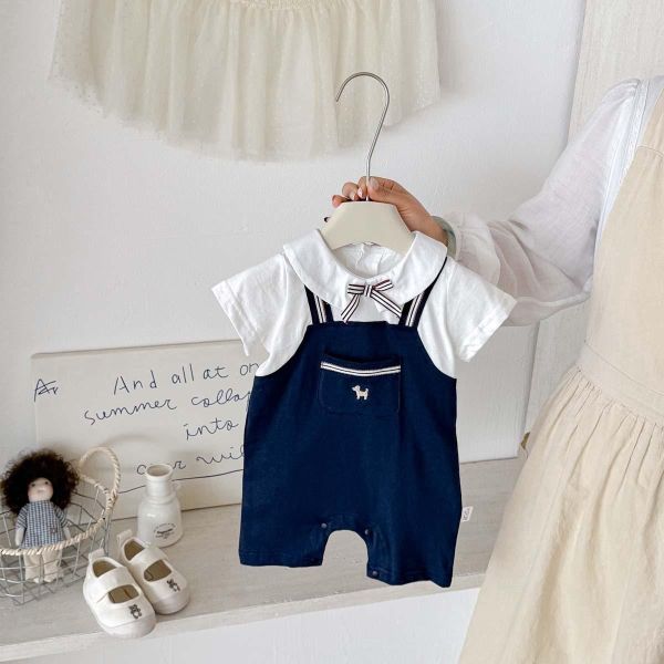 假兩件蝴蝶結翻領背帶連身裝 