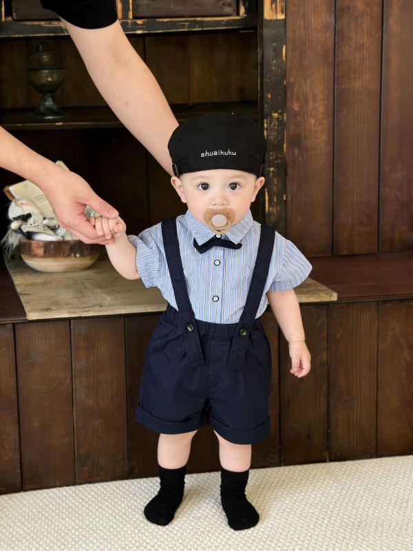 紳士領結條紋/格紋襯衫+吊帶短褲套裝 