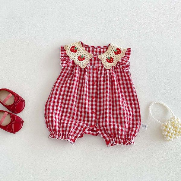 草莓刺繡翻領格紋連身裝 