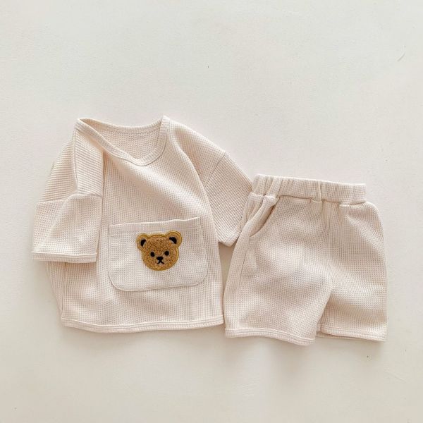 華夫格小熊刺繡單口袋套裝 