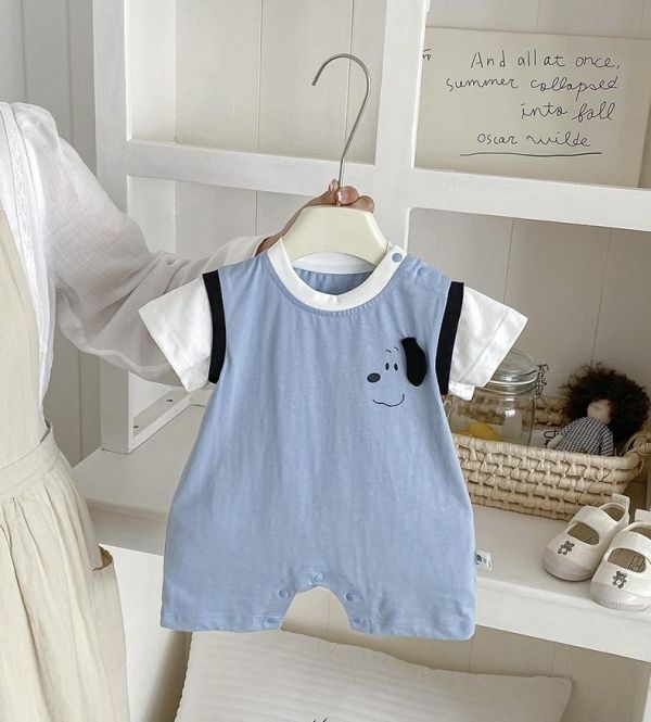 假兩件拼色小狗連身裝 