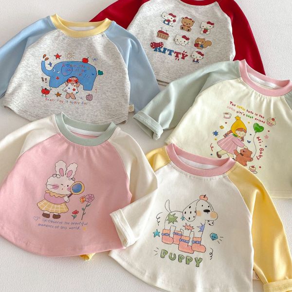 撞色拚袖可愛印花春秋上衣 