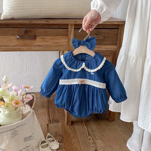 娃娃領蕾絲牛仔包屁衣(含髮帶) 
