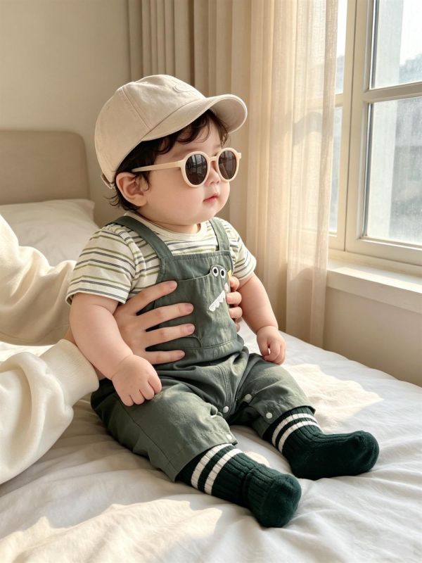 假兩件條紋恐龍吊帶連身裝 