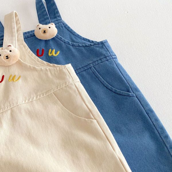 立體小熊字母刺繡牛仔吊帶褲 