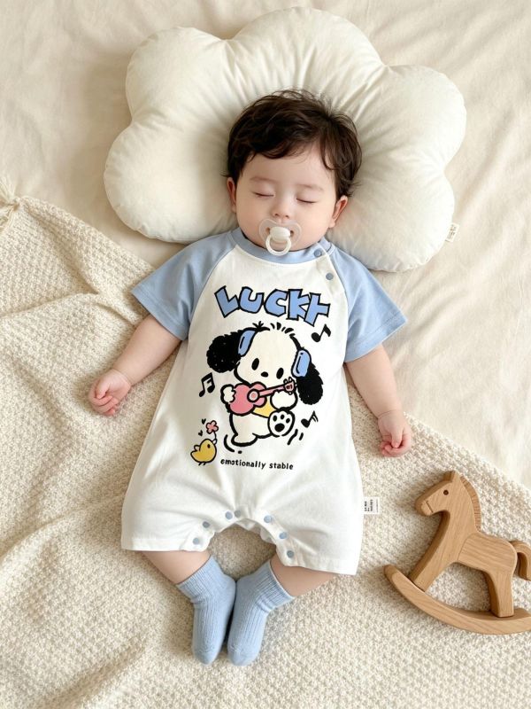 拼袖可愛長耳狗狗印花連身裝(贈襪) 