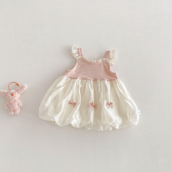 假兩件蕾絲拼接蝴蝶結澎澎連身裙 