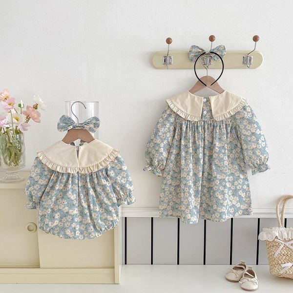 姐妹款大翻領田園碎花包屁衣/洋裝(含頭飾) 
