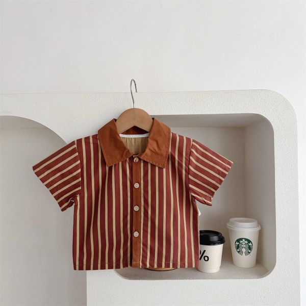 翻領條紋上衣+小熊布標吊帶褲套裝 