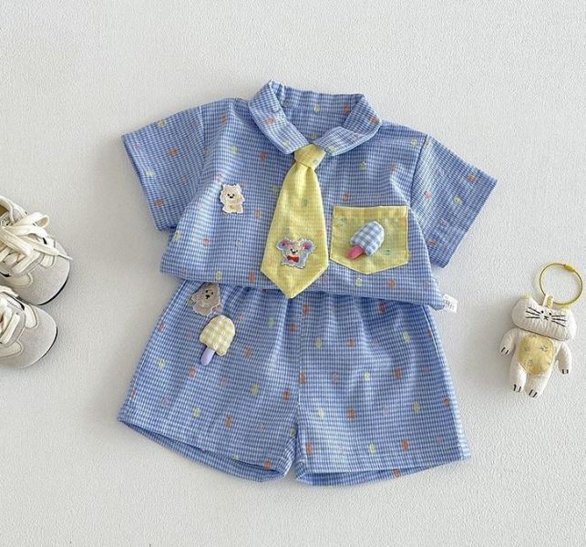 可愛娃娃領帶格紋兩件式套裝 