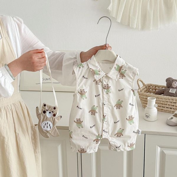 森林小熊翻領開釦連身裝(含小熊包) 