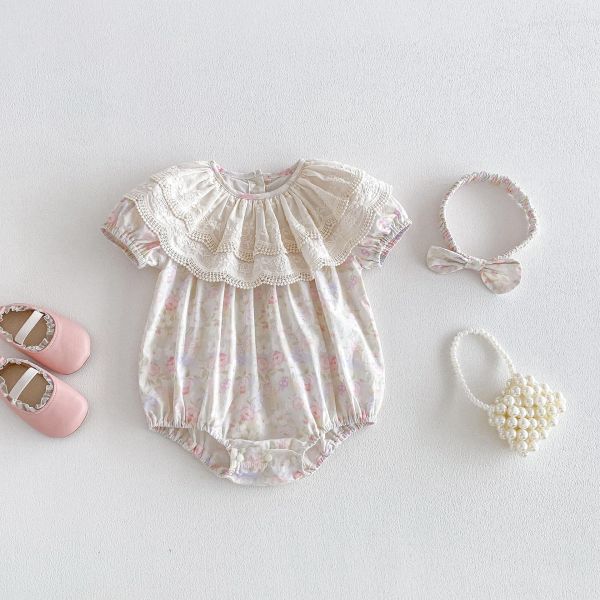 花邊大翻領碎花包屁衣+髮帶 