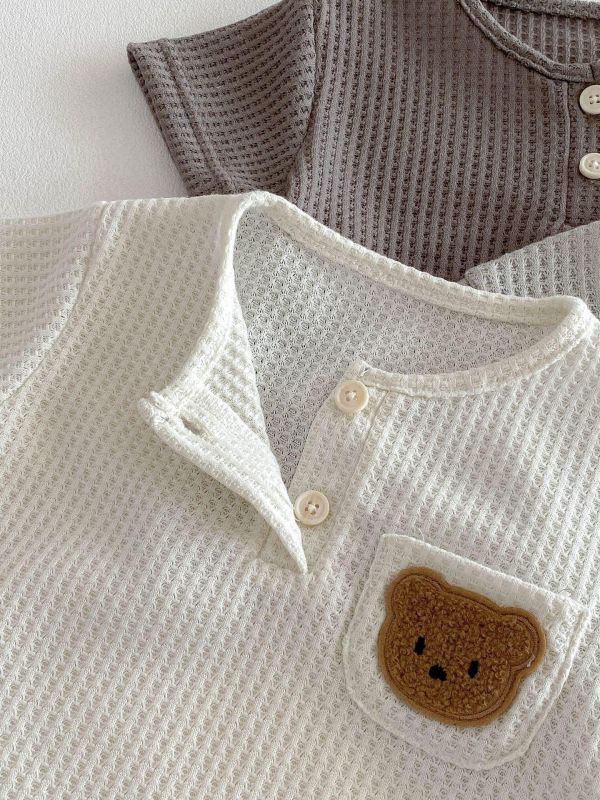 素色華夫格小熊單口袋彈力套裝 