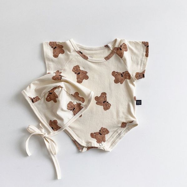 棉質兔子/小熊印花彈力包屁衣(含帽) 