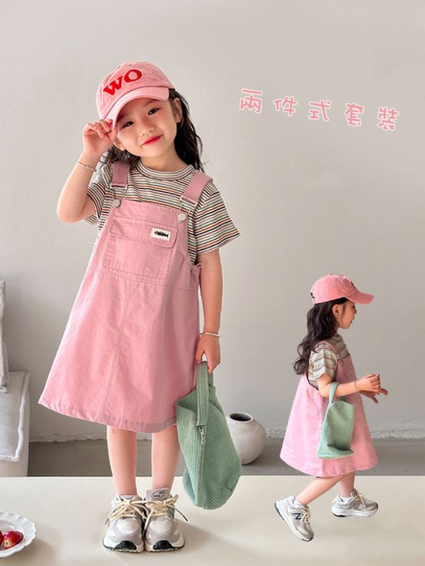 條紋上衣+粉色吊帶連身裙套裝 