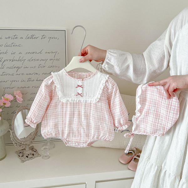 蕾絲蝴蝶結格紋包屁衣(含帽) 