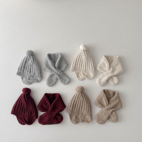 素色螺紋精靈護耳帽+圍脖 