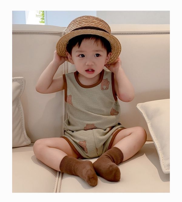 華夫格小熊兩色無袖套裝 