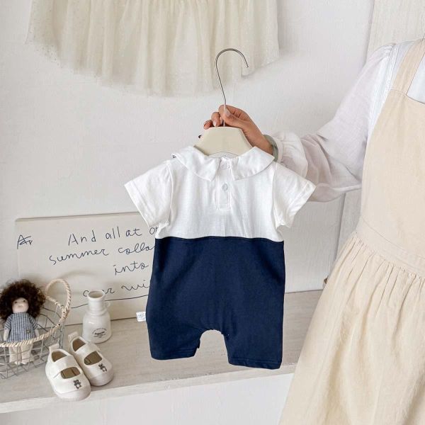 假兩件蝴蝶結翻領背帶連身裝 