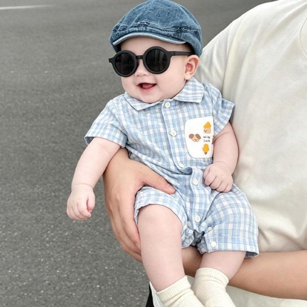 塗鴉貼布格紋翻領連身裝 