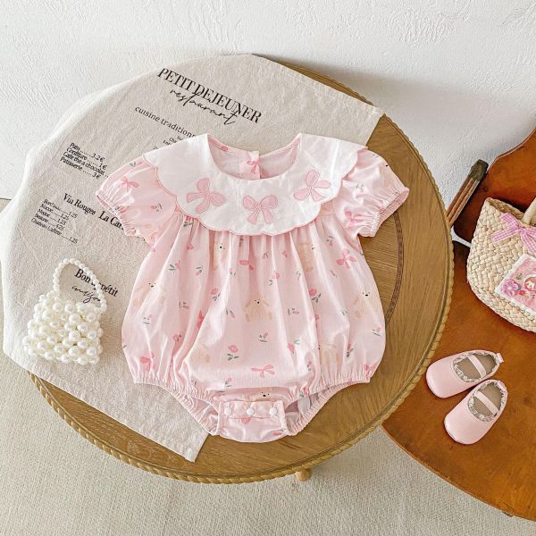 蝴蝶結花邊翻領透氣包屁衣 