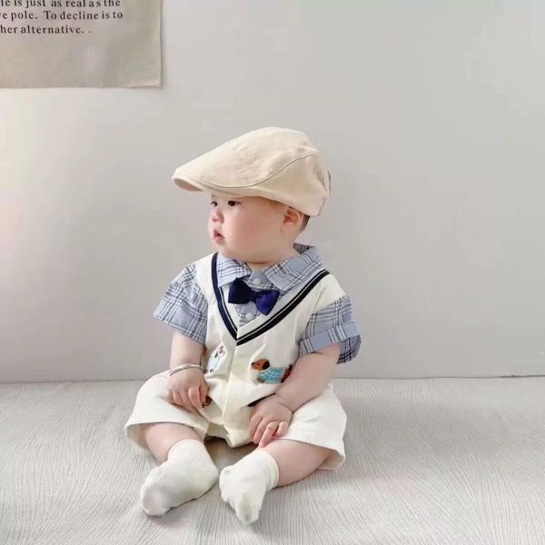 學院風狗狗刺繡假兩件領結連身裝 