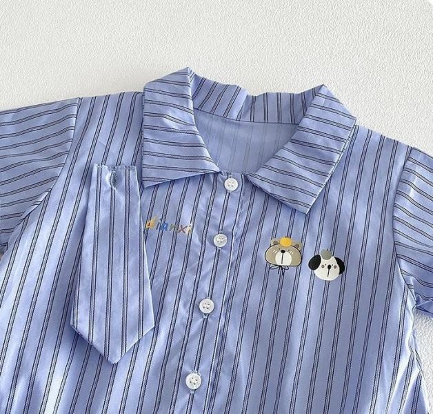 可拆式領帶-豎條紋翻領包屁衣 