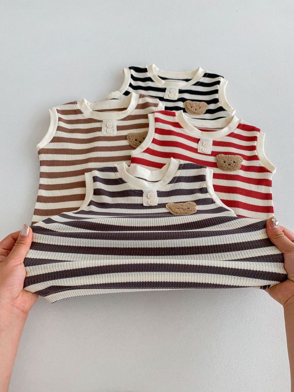 華夫格條紋小熊布標背心套裝 
