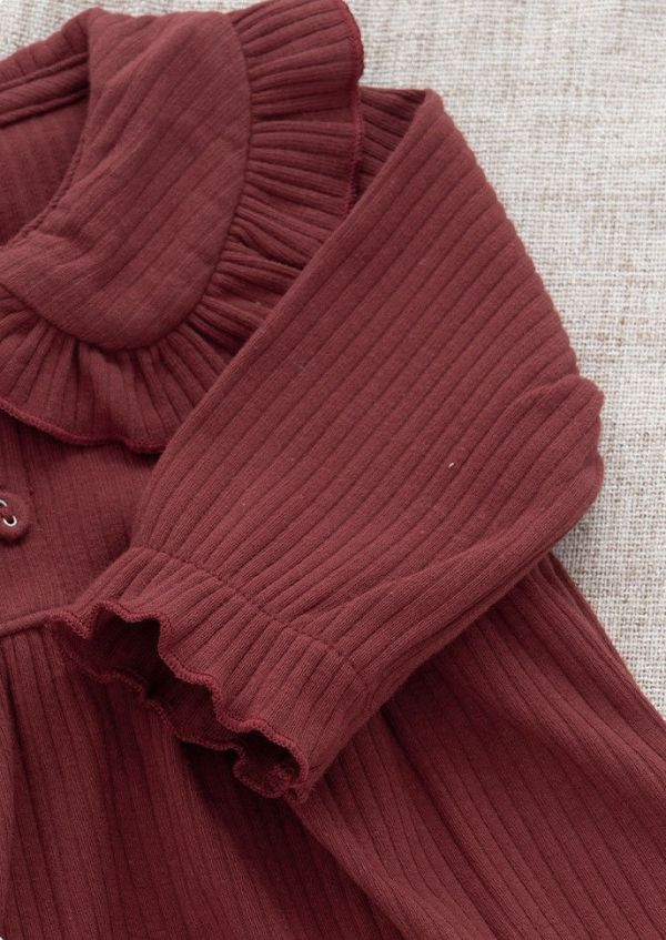 新生兒酒紅色質感花領包屁衣 