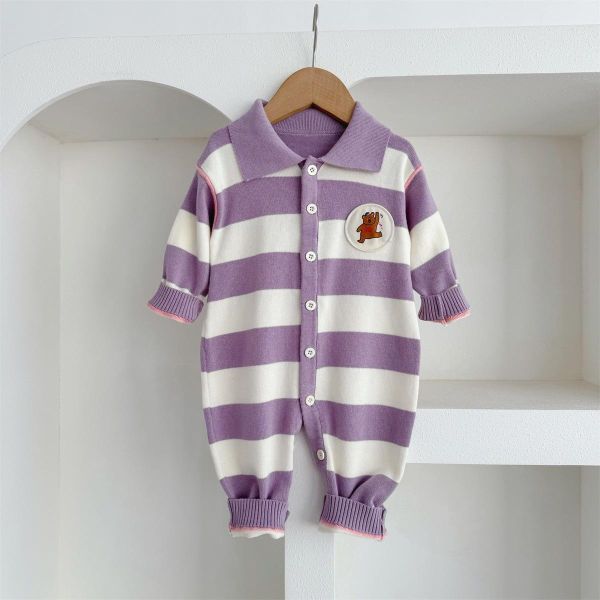小熊圓標翻領條紋連身裝(3色) 