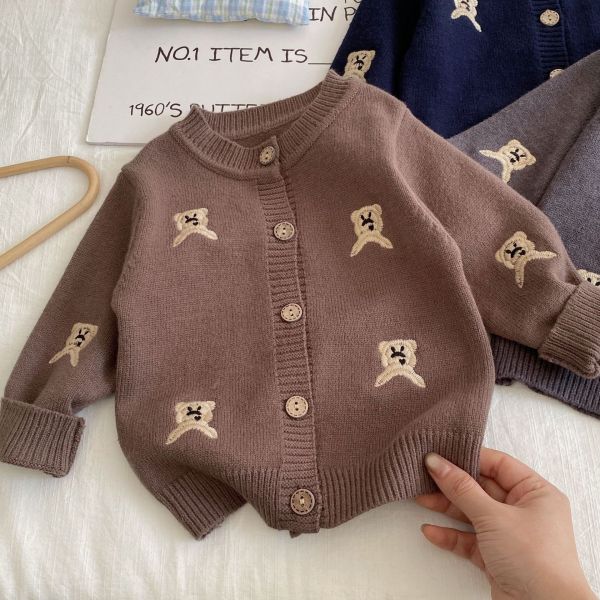 小熊刺繡素色針織開釦外套 