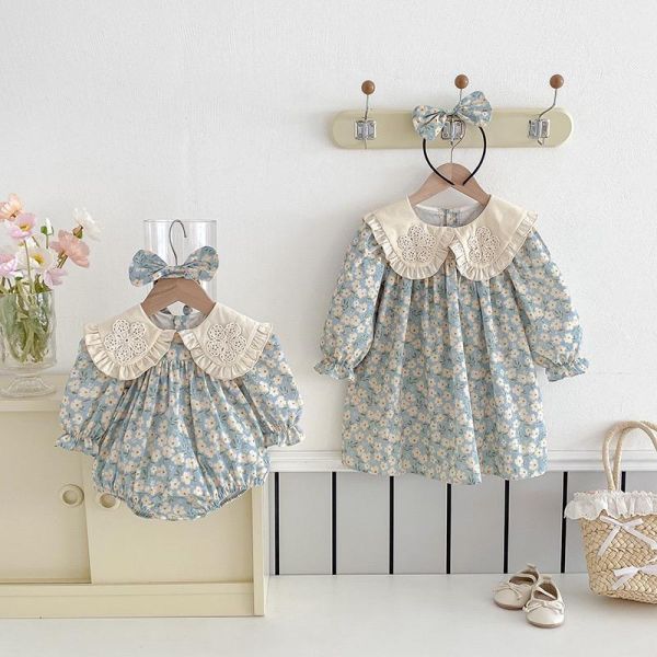 姐妹款大翻領田園碎花包屁衣/洋裝(含頭飾) 