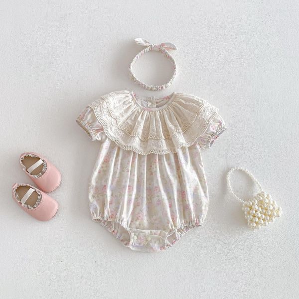 花邊大翻領碎花包屁衣+髮帶 