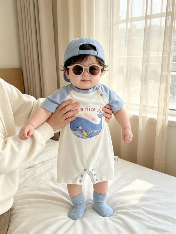 海洋鯨魚印花拼袖連身裝 