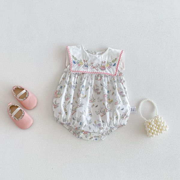 大方領兔子碎花田園包屁衣 